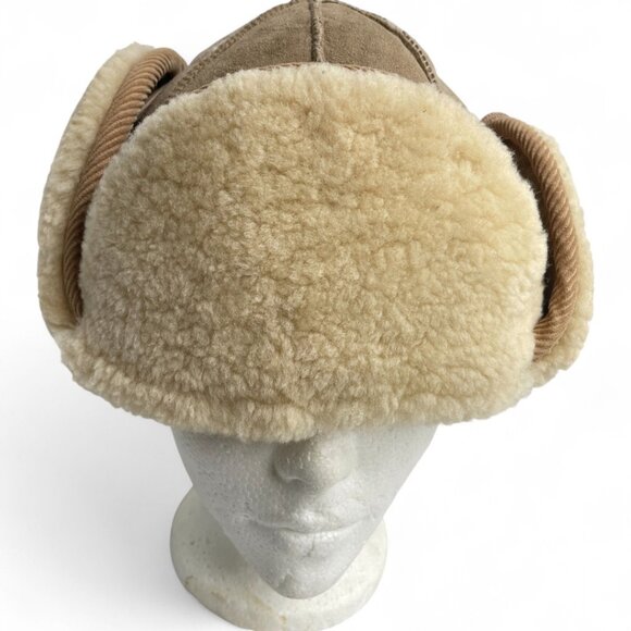 Vintage Crown Shearling Sheepskin Aviator Bomber Trapper Ear Flap Cap Hat - Picture 5 of 12